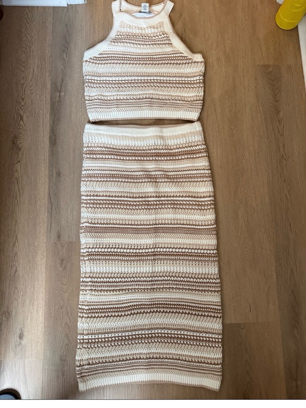 Rachel Zoe Cream and Brown Striped Crochet Maxi Skirt Set